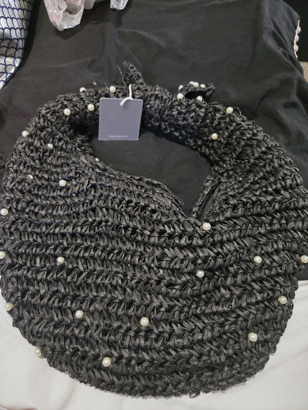 Anthropologie Black Woven Pearl-Embellished Shoulder Bag